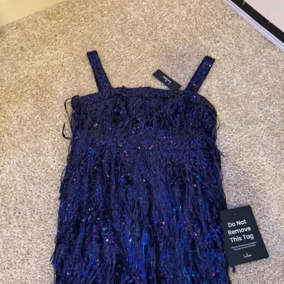 Lulus Fringe Fashion Navy Sequin Fringe Bodycon Mini Dress Blue - Size L - Picture 2 of 3